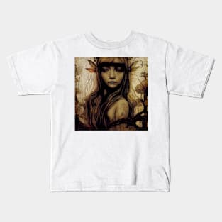 Wood Faerie in sepia with wings in her hair Kids T-Shirt